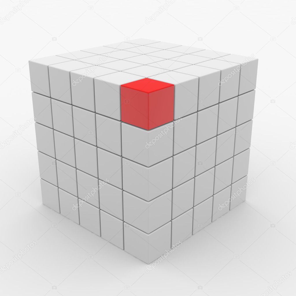 Abstract cube assembling from white blocks and one red block on