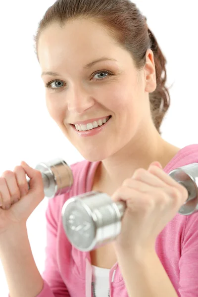 Fitness mujer feliz ejercicio dumbbell — Foto de Stock