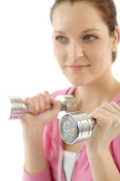 Fitness donna felice esercizio manubri — Foto Stock