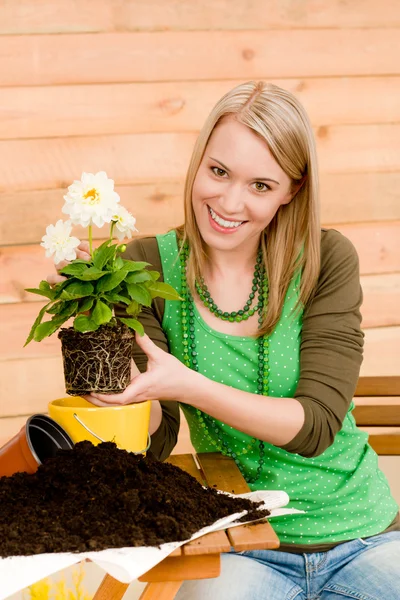 Садоводческая женщина сажает весенний цветок — стоковое фото