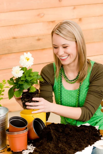 Jardinagem mulher plantio primavera flor — Fotografia de Stock