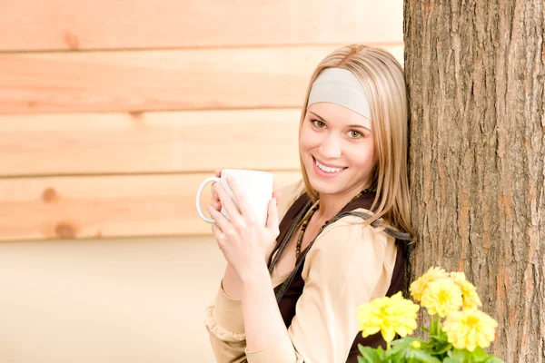 Garden woman terrace enjoy cup coffee spring — Stock Photo, Image