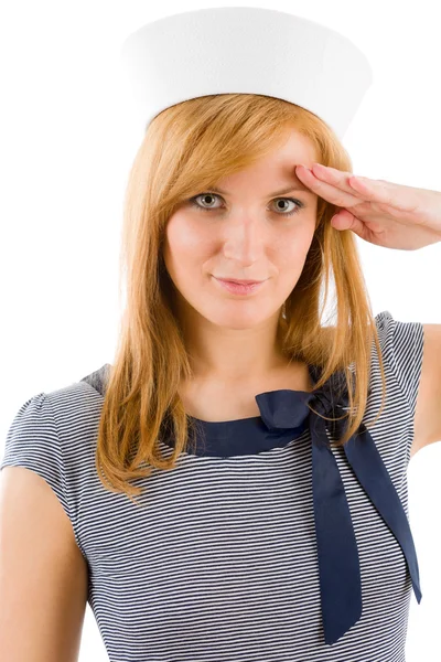 Junge Marineinfanteristin begrüßt Marine-Outfit — Stockfoto