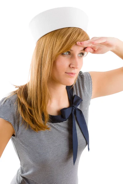 Mulher marinha jovem saudando roupa da marinha — Fotografia de Stock