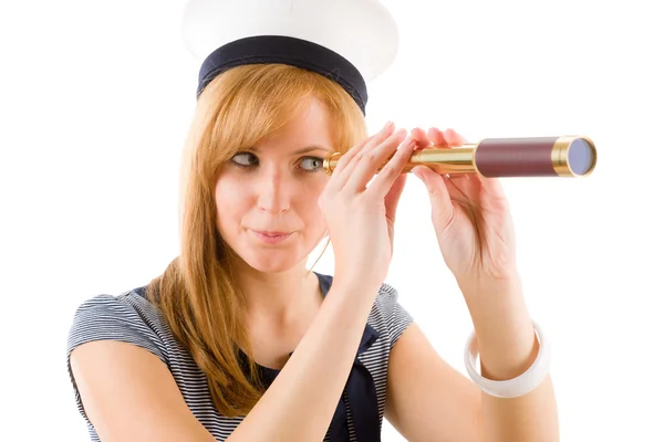 Young marine woman looking through spyglass — Stock Photo, Image