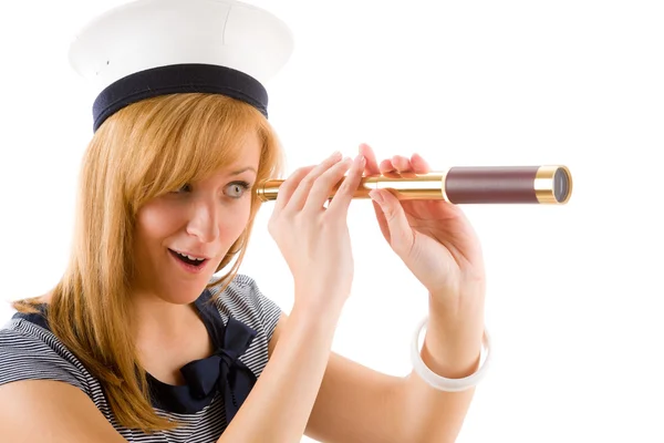 Young marine woman looking through spyglass — Stock Photo, Image