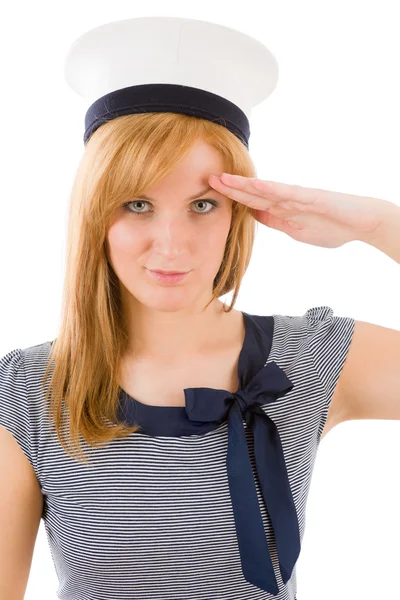 Mladá žena mořské zdravení námořnictva oblek — Stock fotografie