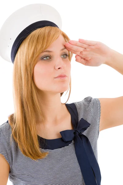 Unga Marina kvinna salutera marinblå outfit — Stockfoto