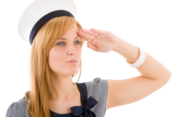 Mujer marina joven saludando traje de la marina — Foto de Stock