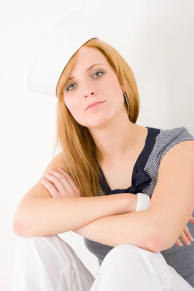 Young marine woman fashion portrait sailor hat — Stock Photo, Image