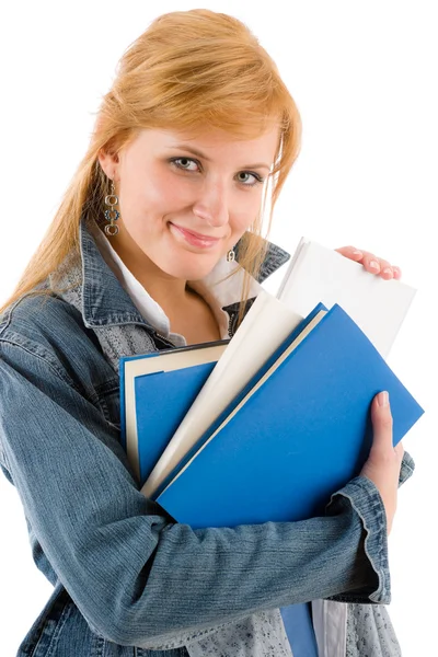 Studerande ung kvinna håll böcker — Stockfoto