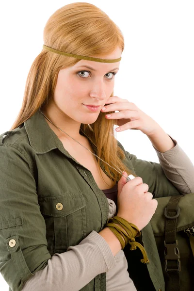 Hippie young woman khaki outfit fashion portrait — Stock Photo, Image
