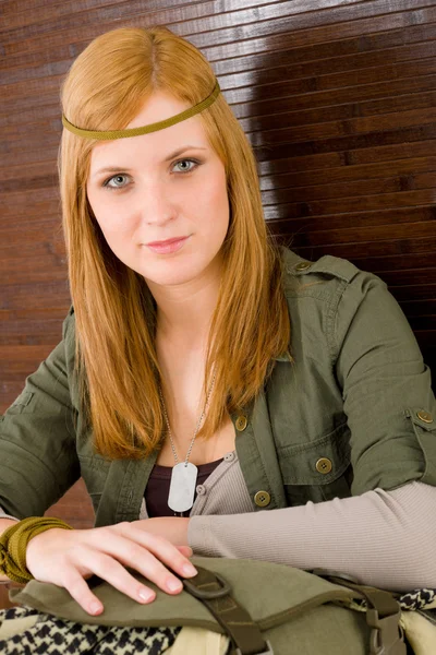 Hippie young woman in khaki outfit — Stock Photo, Image