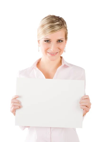 Businesswoman hold empty banner in front — Stock Photo, Image