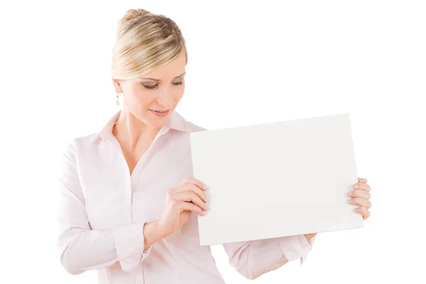Businesswoman look down at empty banner — Stock Photo, Image