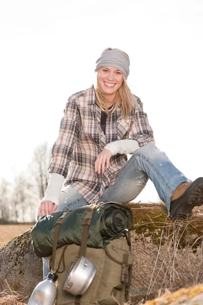 stock image Camping young woman in countryside backpack relax