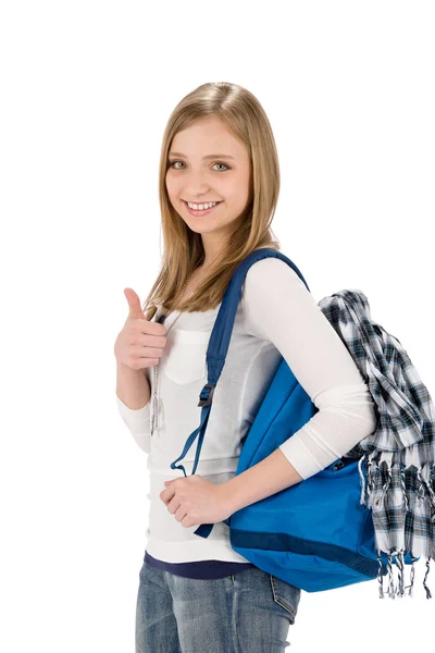 Duimschroef opwaarts student tiener vrouw met shoolbag — Stockfoto