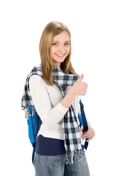 Polegares para cima estudante adolescente mulher com shoolbag — Fotografia de Stock