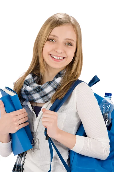 Student dospívající žena s ĺˇkolnĂ­ drží knihy — Stock fotografie