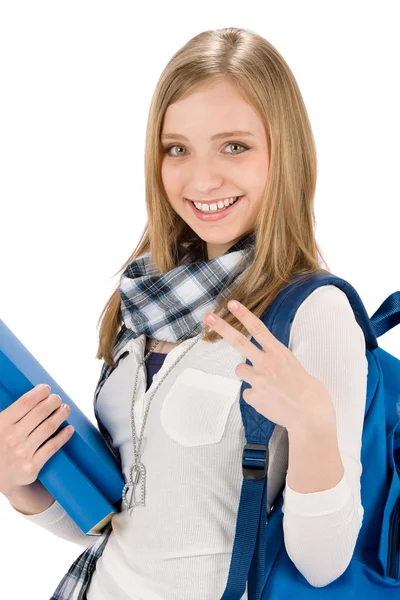 Gesture two student teenager woman with shoolbag — Stock Photo, Image