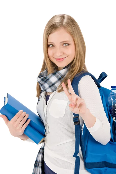 Tummen upp student tonåring kvinna med shoolbag — Stockfoto