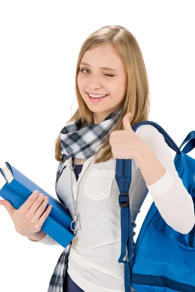 Thumbs up student teenager woman with shoolbag — Stock Photo, Image