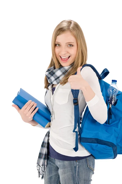 Thumbs up student teenager woman with shoolbag — Stock Photo, Image