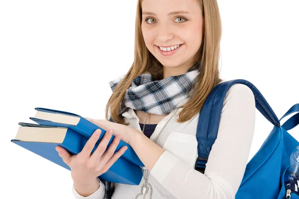 Studentów chłopiec dama z tornister przechowywania książek — Zdjęcie stockowe