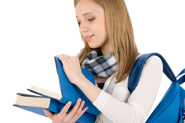 Student teenager woman with schoolbag read books — Stock Photo, Image