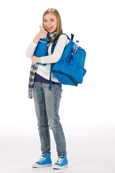 Thumbs up student teenager woman with shoolbag books — Stock Photo, Image