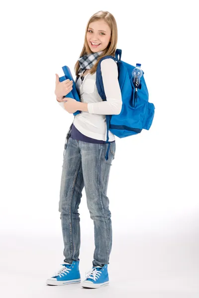 Student teenager woman with schoolbag book — Stock Photo, Image