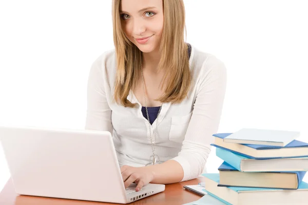 Student teenager woman typing laptop book — Stock Photo, Image