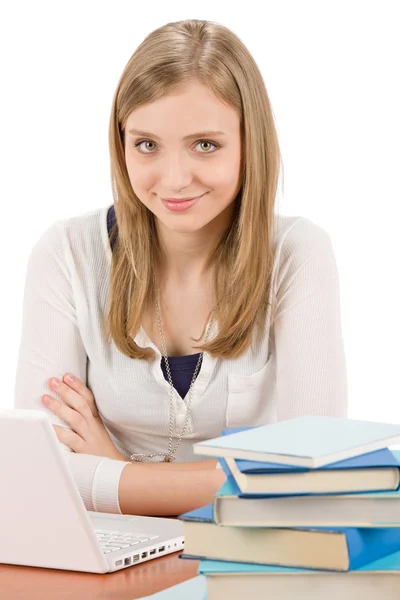 Estudiante adolescente mujer con portátil libro — Foto de Stock