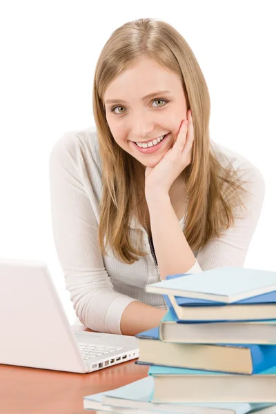 Estudante adolescente com livro de laptop — Fotografia de Stock