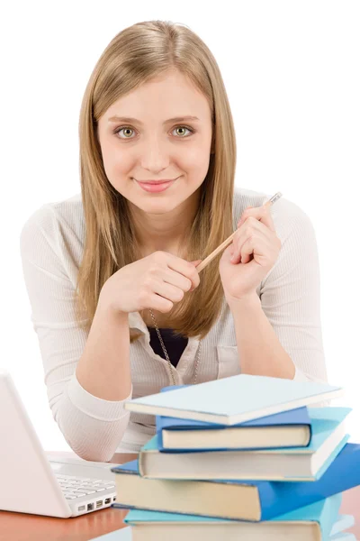 Student tiener vrouw met laptop boek — Stockfoto