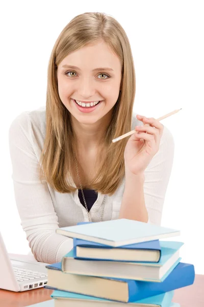 Student tiener vrouw met laptop boek — Stockfoto