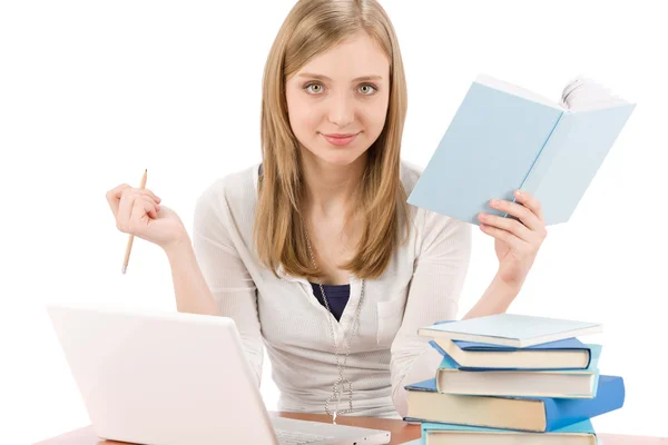 Student teenager woman with laptop book — Stock Photo, Image