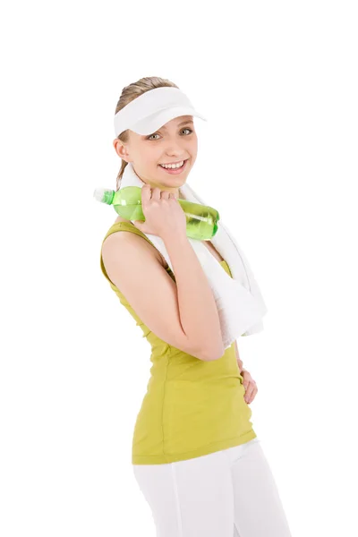 Fitness teenager woman in sportive outfit hold bottle — Stock Photo, Image