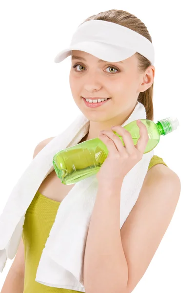 Fitness teenager woman in sportive outfit hold bottle — Stock Photo, Image