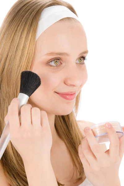 Facial care teenager woman apply powder with brush — Stock Photo, Image