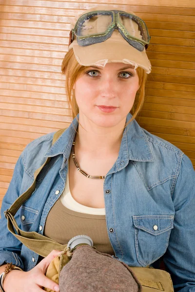 Portrait young woman with pilot goggles — Stock Photo, Image