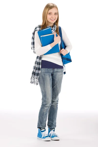 Student teenager woman with schoolbag book Stock Photo