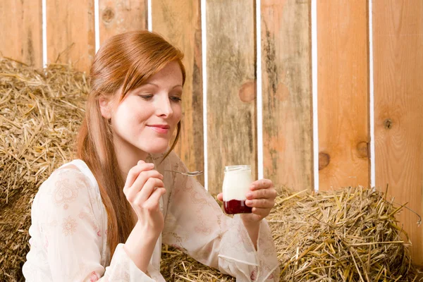 Young healthy woman with natural yogurt country — Stock Photo, Image