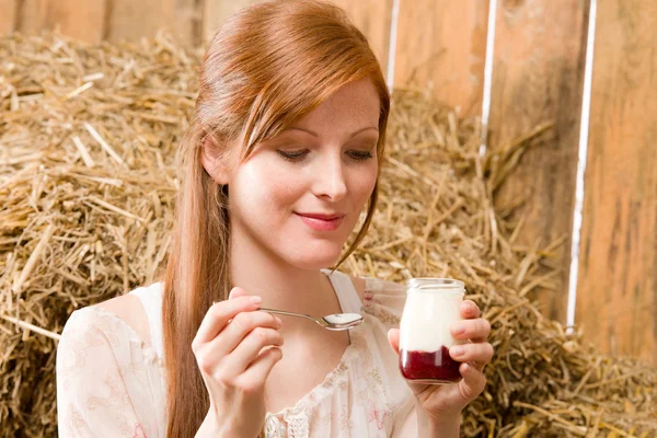 Young healthy woman with natural yogurt country — Stock Photo, Image