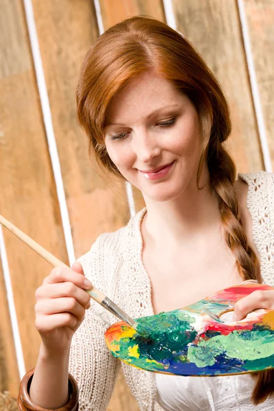 stock image Young romantic woman hold color palette barn