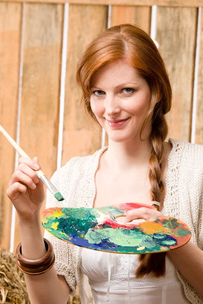 Young romantic woman hold color palette barn — Stock Photo, Image