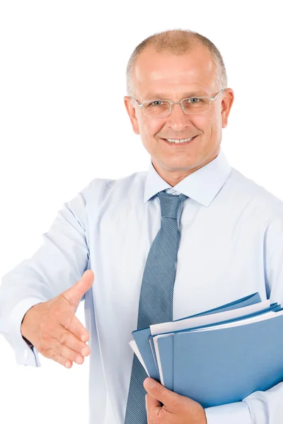 Biznesmen starszy szczęśliwy uścisk dłoni zamknięcia transakcji — Zdjęcie stockowe
