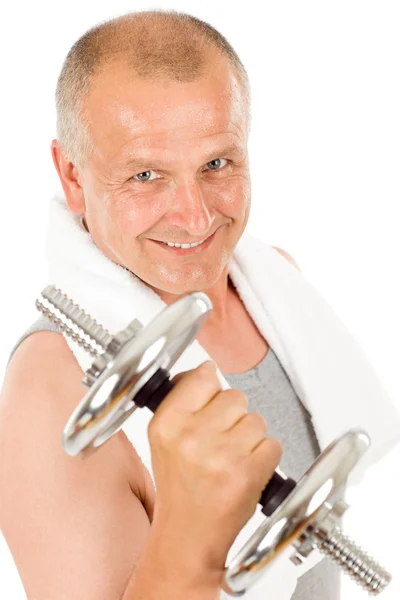 Happy mature man working out with dumbbells — Stock Photo, Image