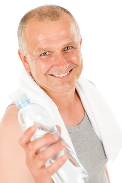 행복 한 노인 남자 피트 니스 잡고 물 병 — 스톡 사진