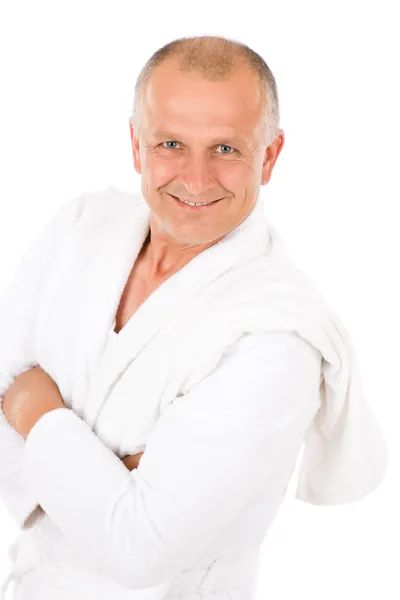 Male cosmetics - mature man in white bathrobe — Stock Photo, Image